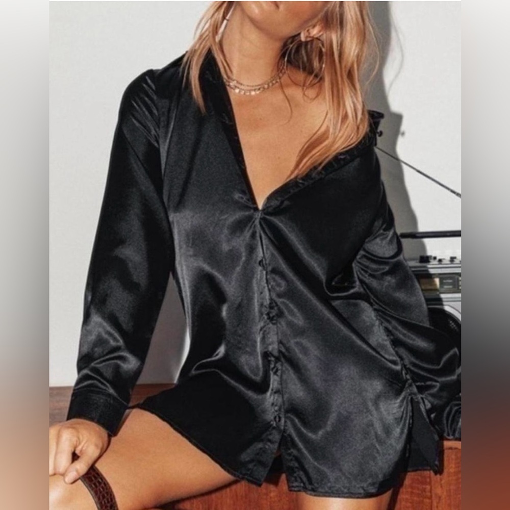 Princess Polly 90210 Satin Shirt Mini Dress Black Size US 12